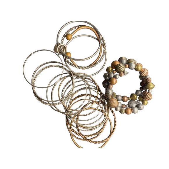Mixed metal multi bangle bracelet set with wrap beaded bracelet and copper cuff - Picture 1 of 8